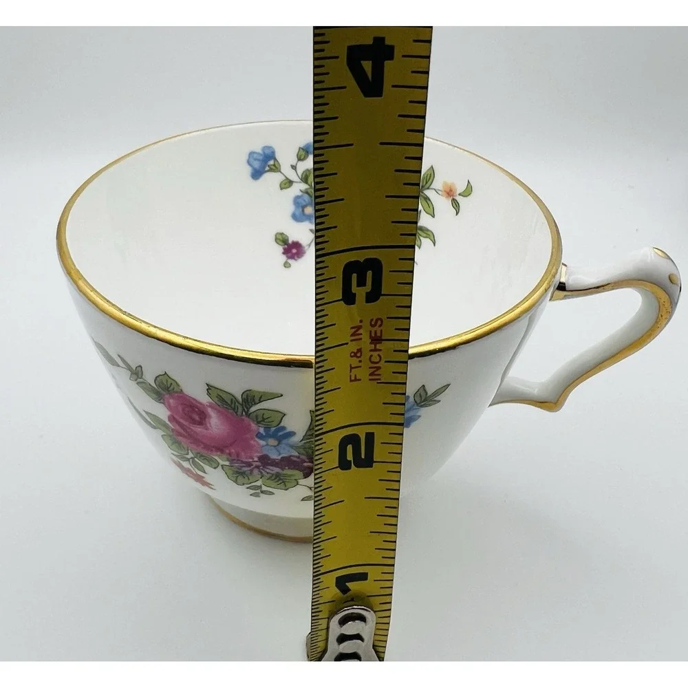 Crown Staffordshire Bone China Teacup Saucer Set Gold Pink Rose Floral England